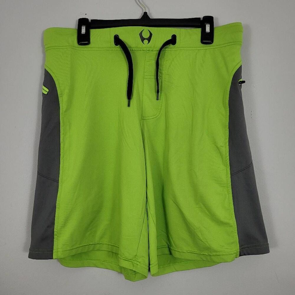 Hylete Above Knee Athletic Training Shorts Sz Large Lime Green Gray Stretch Gym‎